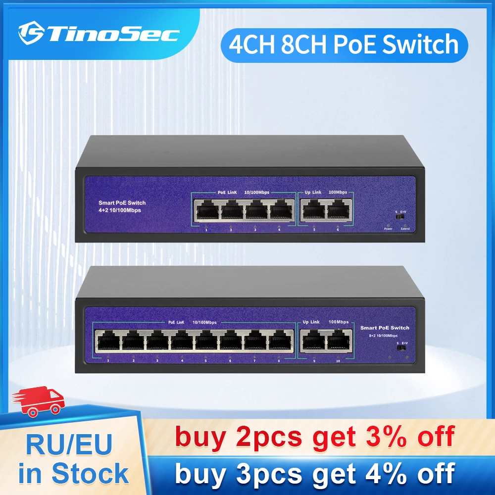 

TinoSec 4CH 8CH Network PoE Switch 48V Power Supply 10/100Mbps IEEE 802.3 af/at for Ethernet IP Camera/Wireless AP/CCTV System