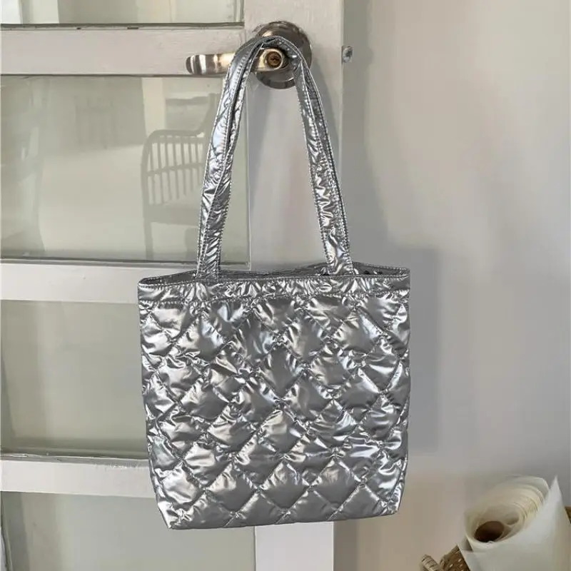 

Silver Coated Puffy Cotton Filling Waterproof Tote Quality Reusable Grocery High Capacity Lightweight Down Padded Shopping Bag