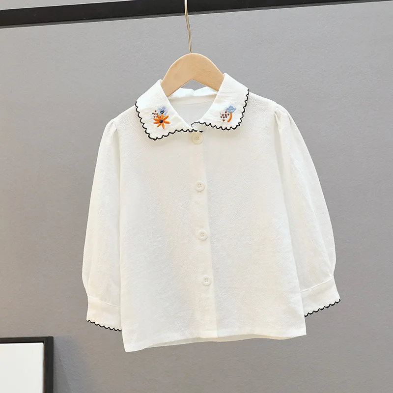 

White shirt girls spring cotton shirt children's trendy little girl Western style embroidered collar top children's clothing
