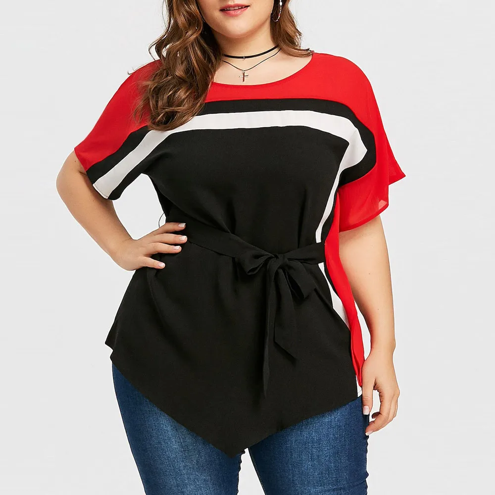 

Plus Asymmetric Womens Size T-shirt Blouse Belt Tops Tie Batwing plus Size Office Clothes for Women plus Size Scrub Shirts