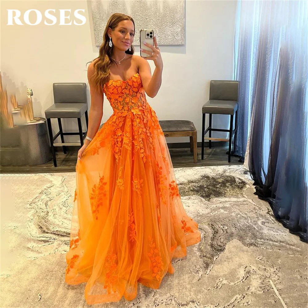 

Orange Beach Prom Dress Appliques Lace Celebrity Dresses Sleeveless Women's Evening Dress Backless Formal Gown Custom 프롬 드레스