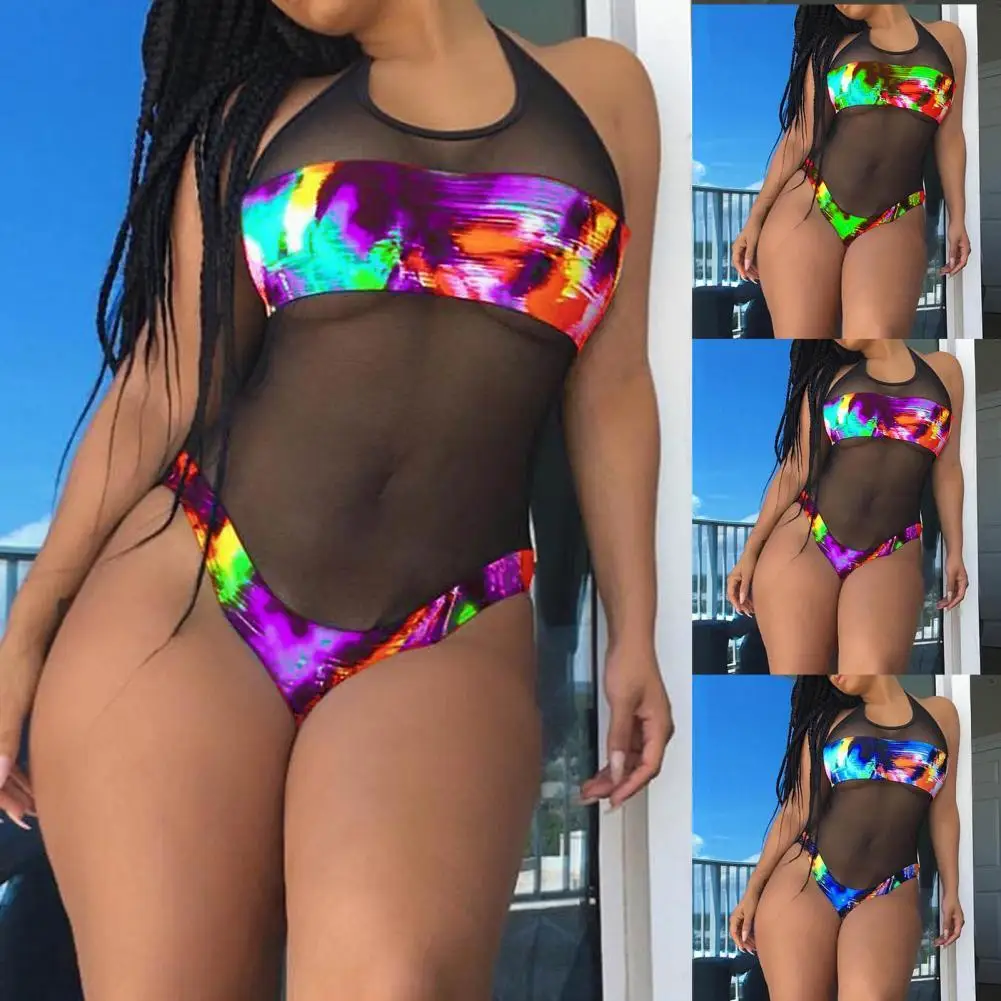 

Attractive Bodysuit Swimwear Transparent Backless Bodysuit Swimsuit Colorful Splicing Halter Women Monokini