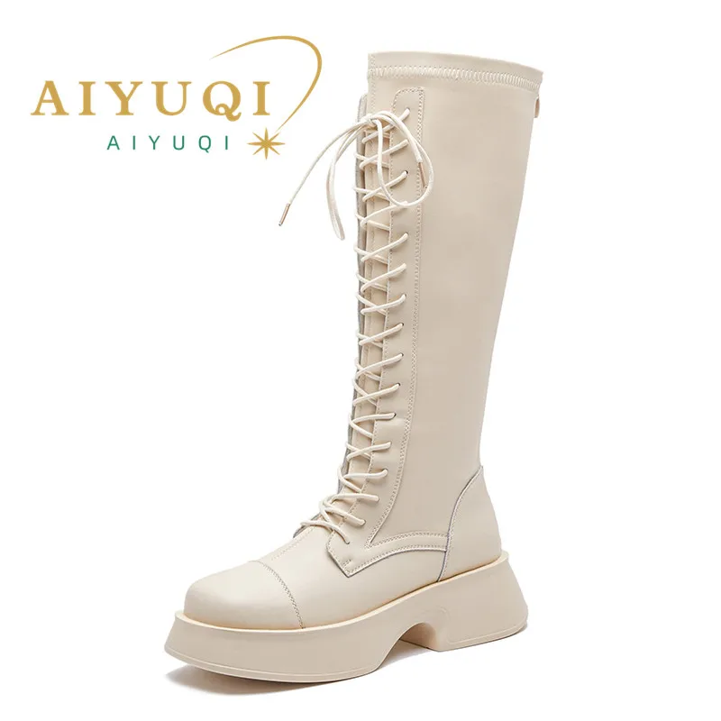 

AIYUQI Women Autumn Boots Genuine Leather 2023 New Lace-up Elasticity High Boots Women Fashion British Style Knight Boots Women