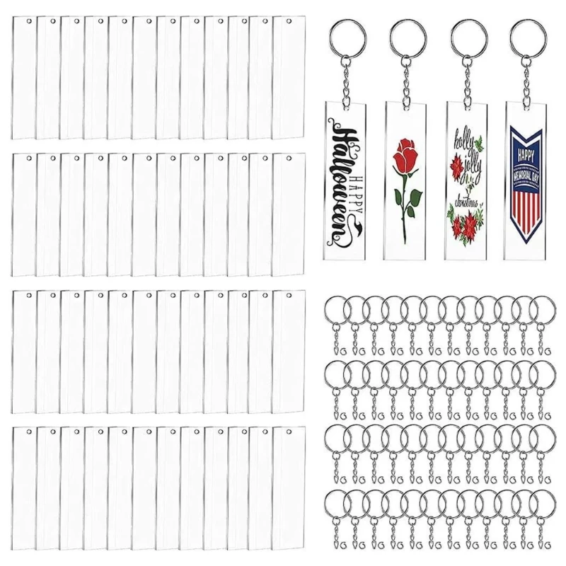 

48Pcs/set Transparent Acrylic Blank Keychain Accessories Rectangle Blank Jump Rings Keyrings Diy Handmade Crafts Gift