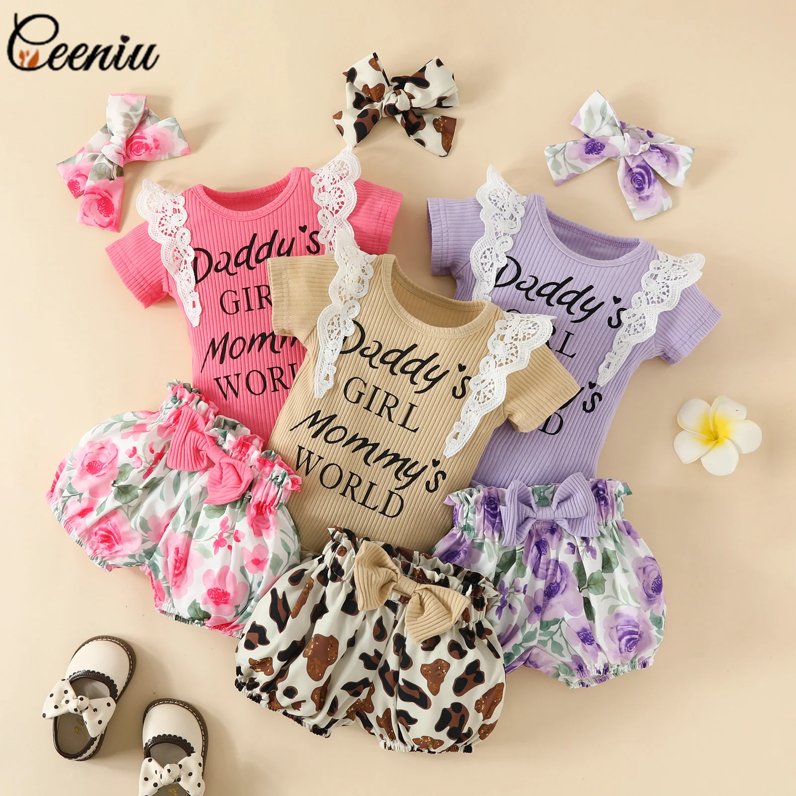 

Летние наряды для маленьких девочек Ceeniu, кружевной комбинезон с оборками и надписью папы и цветочным рисунком, набор из 3 предметов для девочек, одежда для новорожденных