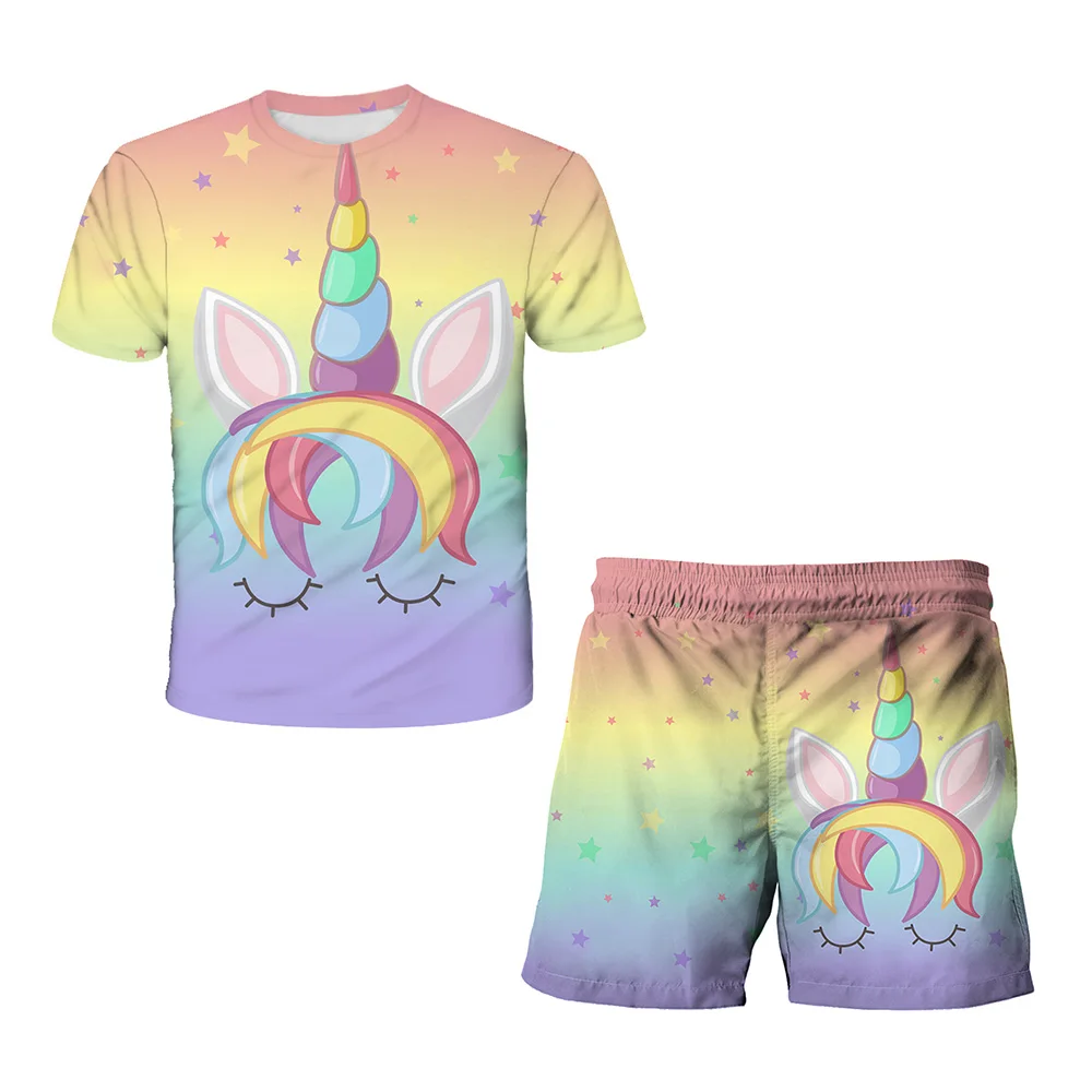 2023 Summer New Children's Unicorn Print Suit Girl T-Shirt+Shorts Fashion Cute Syle 3D Printing Children's Short-Sleeve Suit