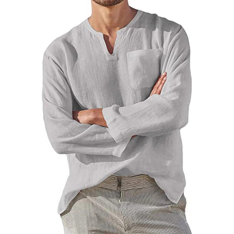 

2023 Men's Cotton Linen T Shirt Long Sleeve Hippie Casual Beach Vintage V-Neck Loose Pullover Tops Mens Tees Streetwear