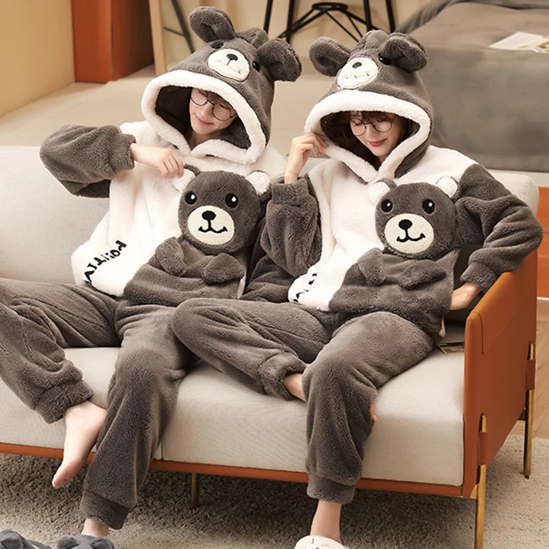 2PCS Couple Pajamas Set Women Men Winter Plush Soft Thicken Pyjamas Sleepwear  Cartoon Bear Korean Cute Lovers Homewear Pyjamas