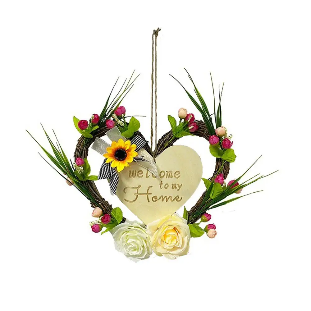 

Романтическая Весенняя ротанговая круглая гирлянда, подвеска, деревянная в форме сердца, знак приветствия, Настенное подвесное украшение д...