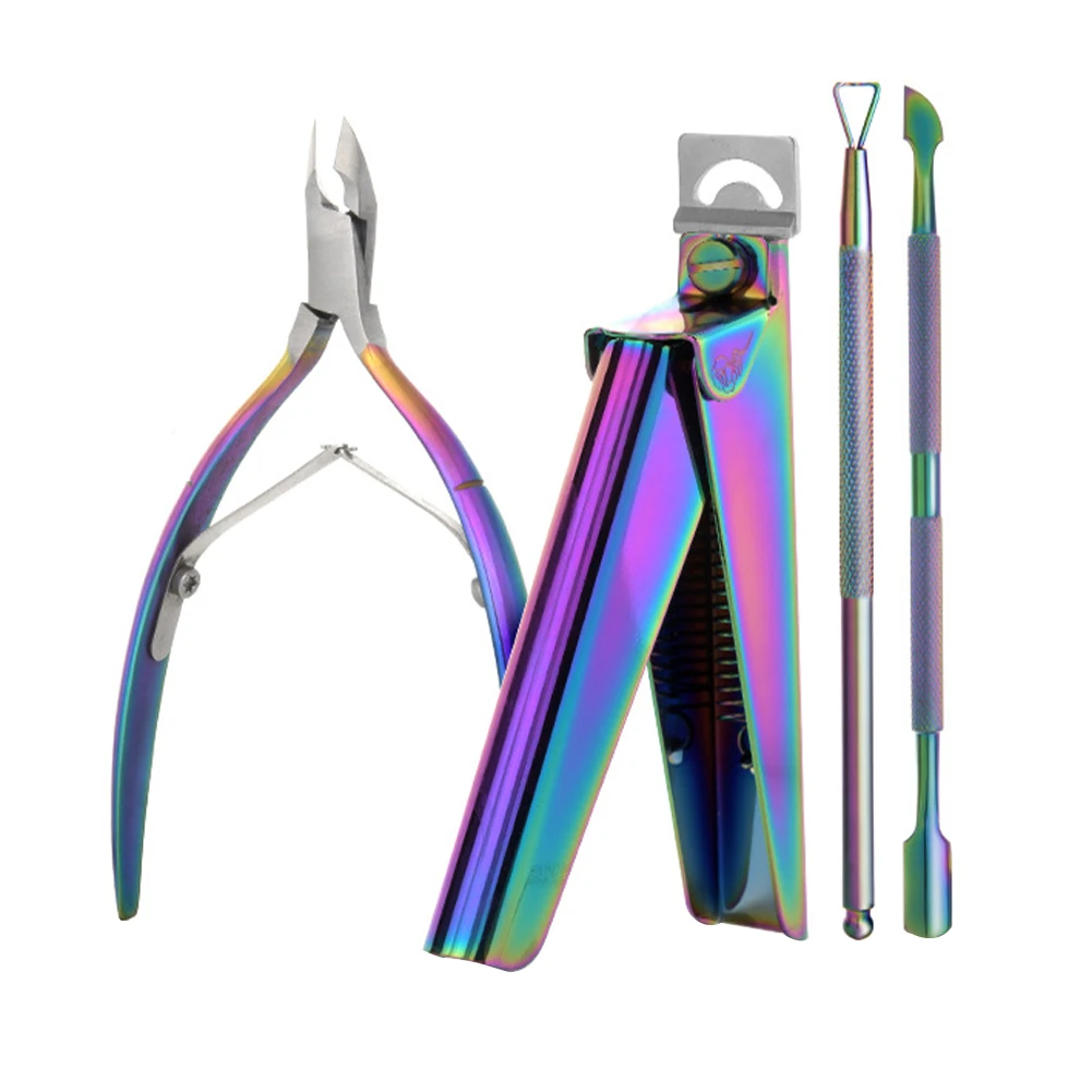 

4pcs Nail Clipper Set Cuticle Nipper Rainbow Color Art Trimmer Rustproof Professional Home Salon Manicure Tool Stainless Steel