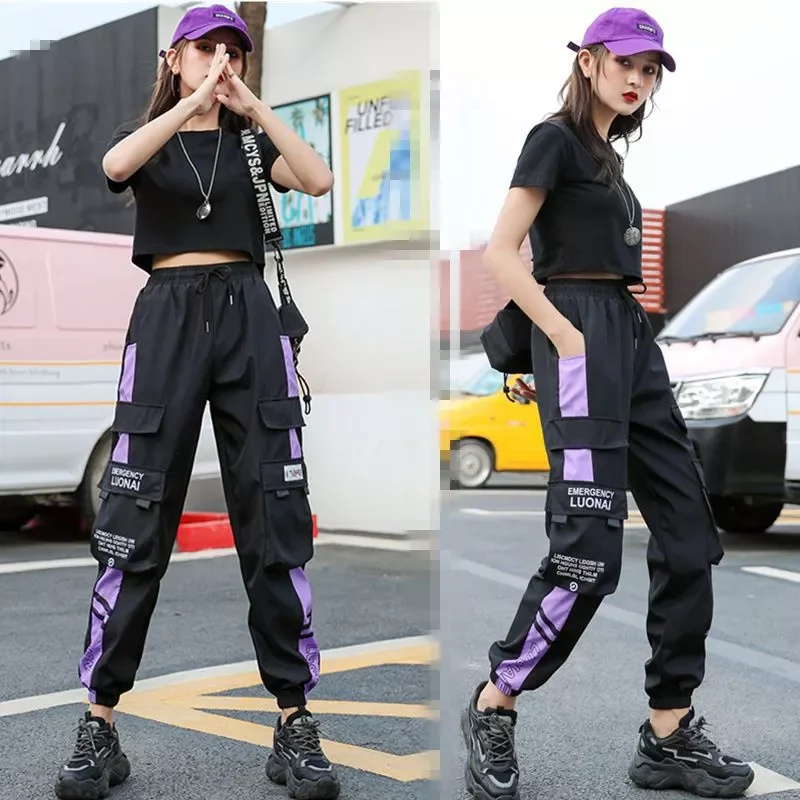 

NEW IN Cargo Pants Buckle Ribbon Pocket Jogger Elastic Waist High Streetwear Harajuku Pant Punk Ring Chain Females Trousers
