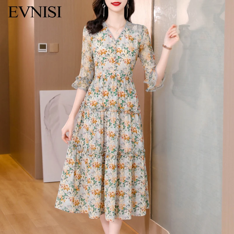 

EVNISI Chiffon Lace Floral Dress Women 2022 New Summer Fashionable V-neck Cascading Ruffle Dresses Beach Style Casual Vestidos