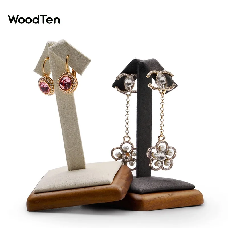 

WoodTen 9*9.5cm Wooden Earrings Display Stand Off-white&Dark Grey Microfiber Jewelry Organizer Rack for Exhibition
