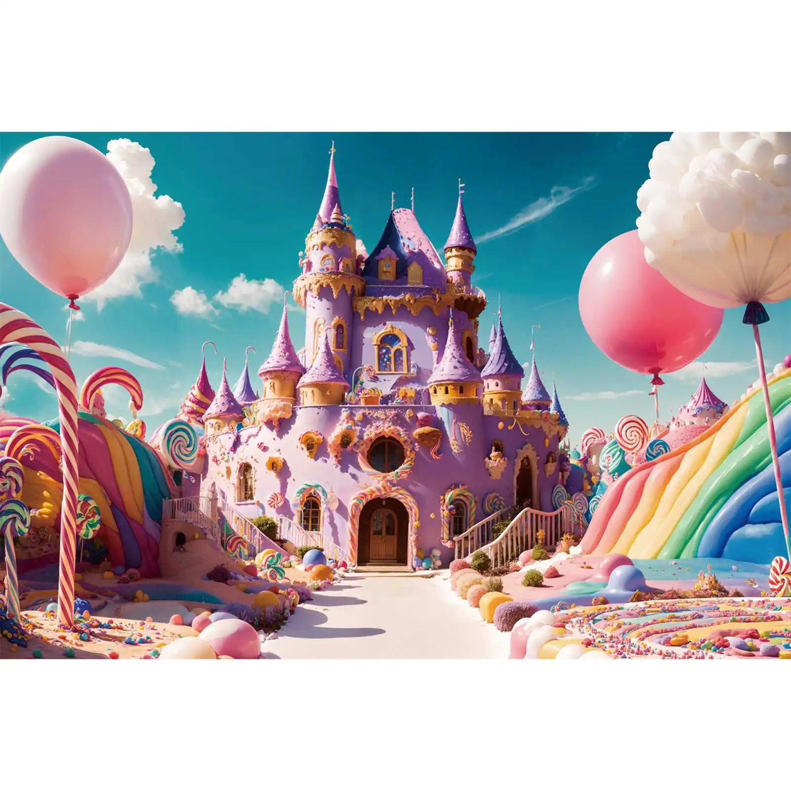 

Candyland Party Photography Backdrops Decorations Purple Castle Balloon Rainbow Cream Custom Baby Photo Backgrounds Banners