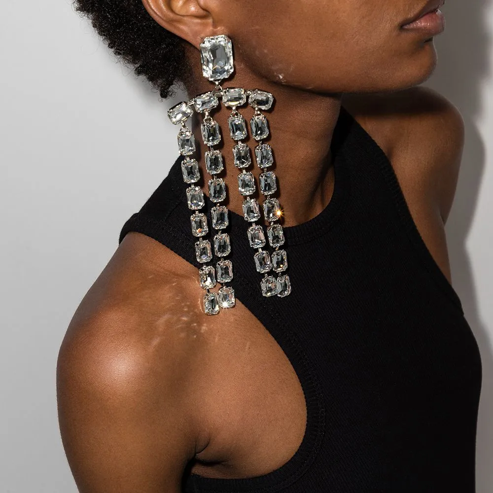 

Luxury Rhinestone Bridal Drop Earrings Oversized Square Crystal Long Tassel Drop Earrings Women's Jewelry Accessories