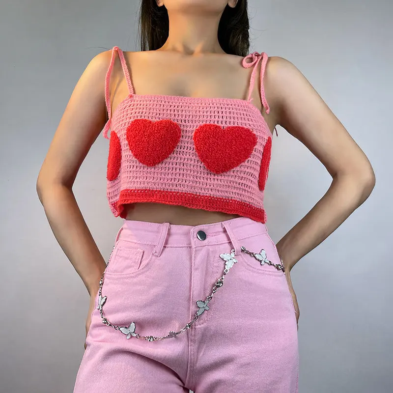 

Crop Top 2000s Aesthetics Cute Heart Flocking Pink Corset Tops Y2K Fashion Kawaii Tops Cropped Rib Knit Lace Up Strap Cami Tops