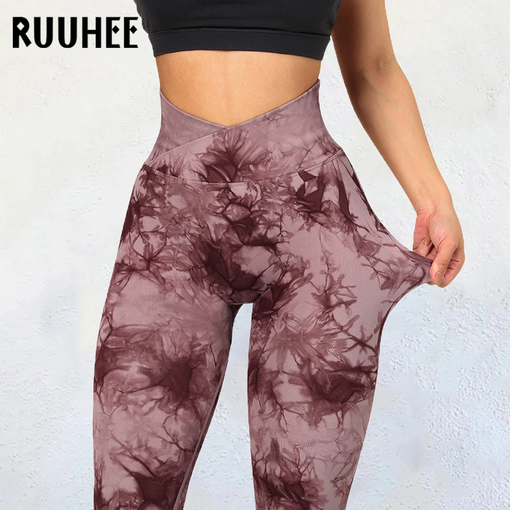 RUUHEE Crossover Seamless Leggings For Women Tie Dye Workout Leggings Women Scrunch Butt Lifting Leggings For Fitness Yoga Pants