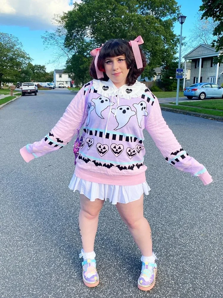 Розовый кавайный свитер Yangelo Женский трикотажный топ готический фотографический