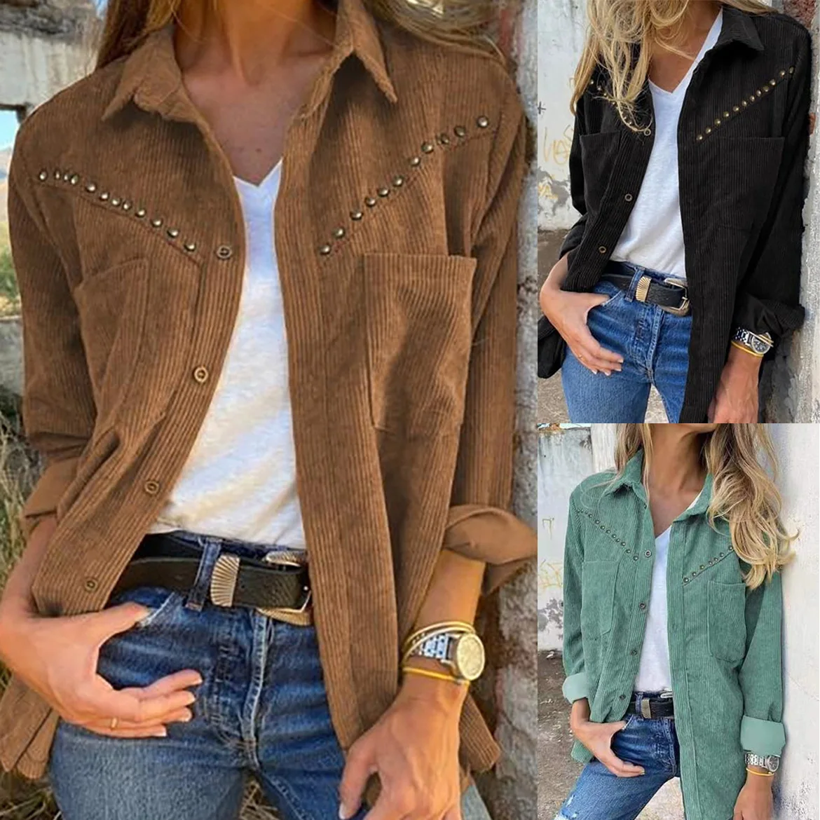 

Осенняя Женская одежда в европейском и американском стиле, однотонная Повседневная Блузка с отворотом, вельветовое пальто