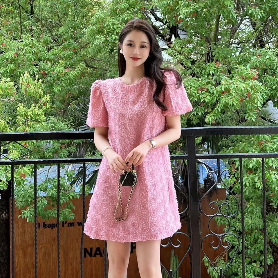 2023 spring and summer women's clothing fashion new Three-Dimensional Flower Back Bow Puff Sleeve Dress 0511