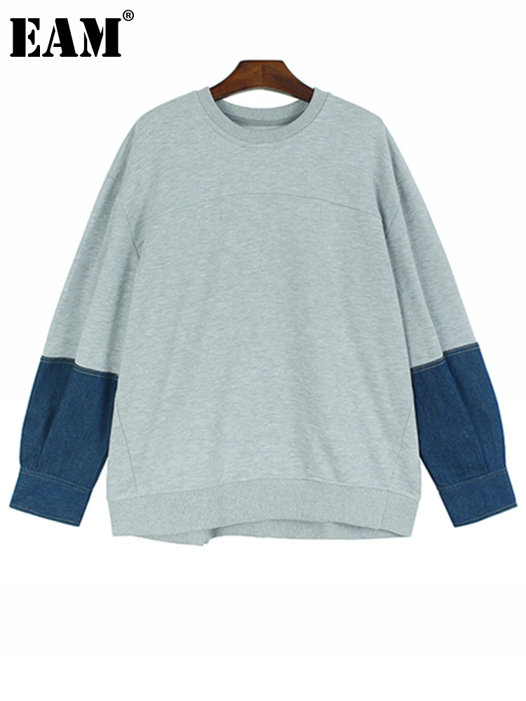 

[EAM] свободный серый джинсовый свитер с цветными блоками, новинка, круглый вырез, длинный рукав, женская мода, большой размер, весна-осень 2023, 1DH1368