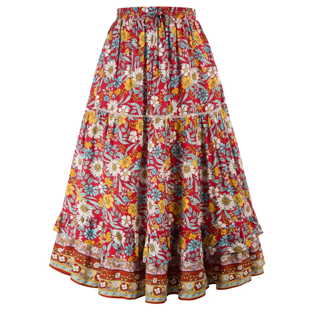 

KK Women Bohemia Print Maxi Skirt Elastic Drawstring Waist Flared A-Line Skirt High Waist Long Skirts Summer Beach Sundress A20