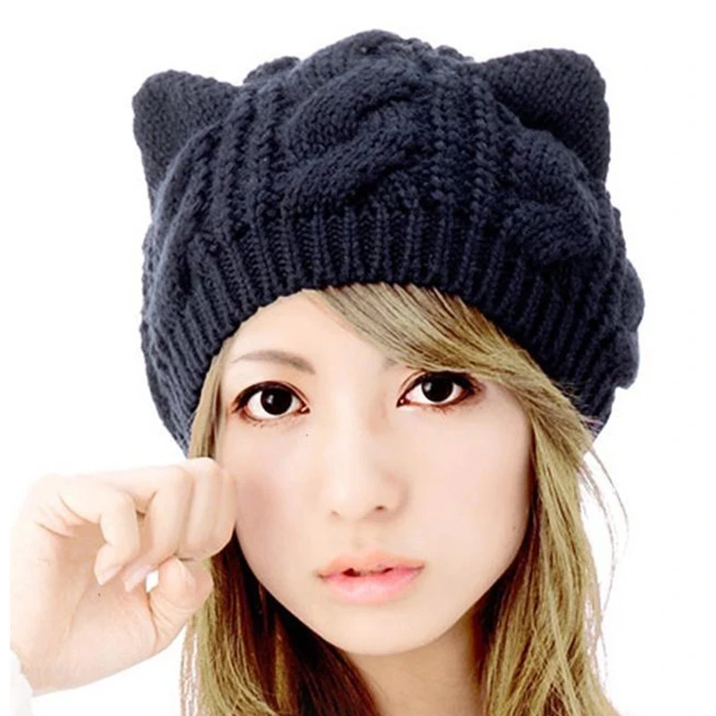 Cat Ear Beanie Crochet Lugs Anime Knitted Hat Women's Solid Color Warm Winter Hat Gilrls Lady Kawaii Bonnet Femme Wool Cap 2022