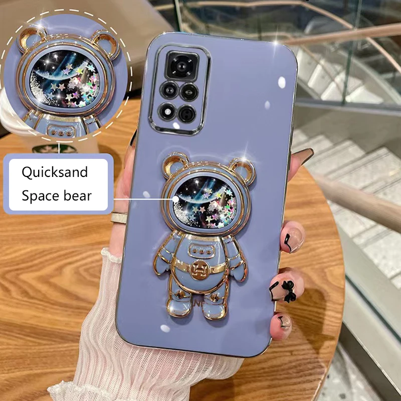 

Quicksand Space Bear Holder Plating Phone Case For OPPO A17 A53 A16 A15 A52 A91 A92 A94 A96 A54 A55 A72 A73 A74 A5 A9 A31 Cover