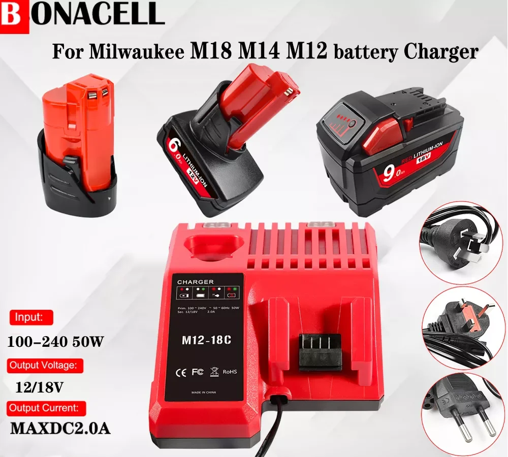 

Bonacell Battery charger 12v for Milwaukee battery M18 M14 M12 14.4V 18V 12V Li-ion Battery 48-11-1815 48-11-1820 48-11-1840