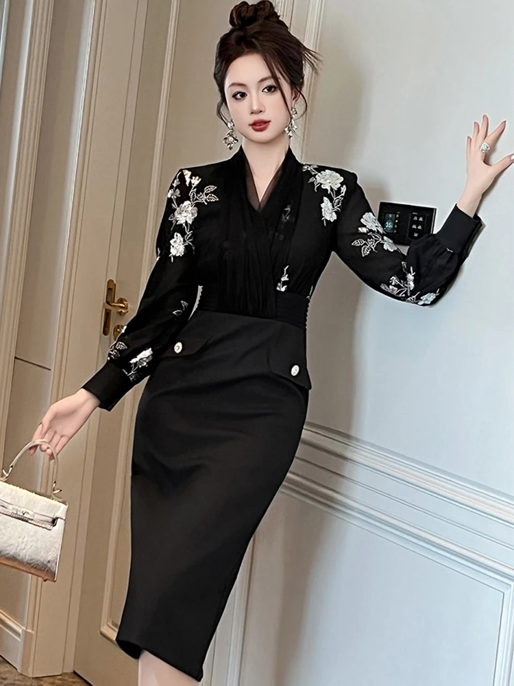 Фото Профессиональное элегантное торжественное платье, женское роскошное стильное прозрачное сетчатое платье миди с блестками, женское деловое вечернее платье, банкетная одежда №4