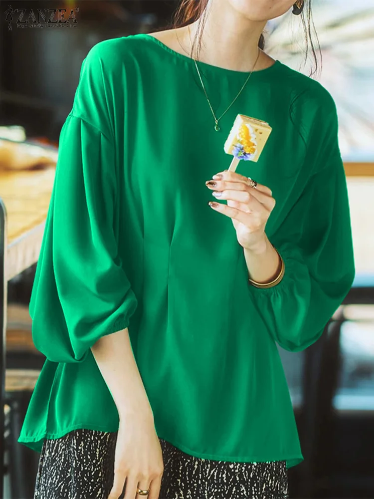 

Elegant Solid Work Shirt Stylish Women O Neck Long Lantern Sleeve Blouse ZANZEA Spring Female Casual Loose Ruffles Tops Blusas