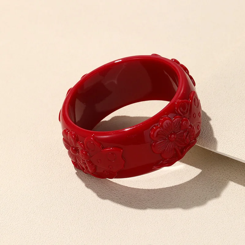 Korean Trendy Flower Pattern Bangle for Women Colorful Cute Acrylic Resin Bracelet Round Wide Charm Hand Accessory Retro Jewelry
