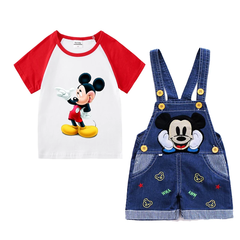 

Baby Boys Mickey Mouse Cotton Short Sleeve T-shirt +Belt Denim Shorts Two-piece Outfits Sets Kids Toddler Boy Summer Clothes Set