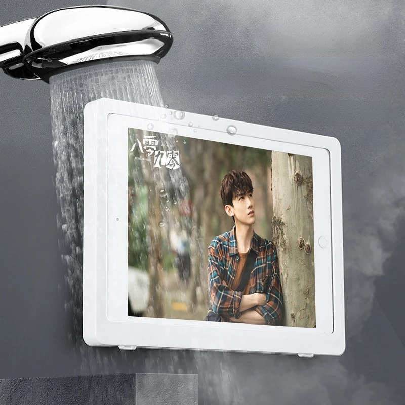 Bathroom waterproof cell phone box wall-mounted non-perforated touch screen viewing IPAD shelf can be rotated bath chase