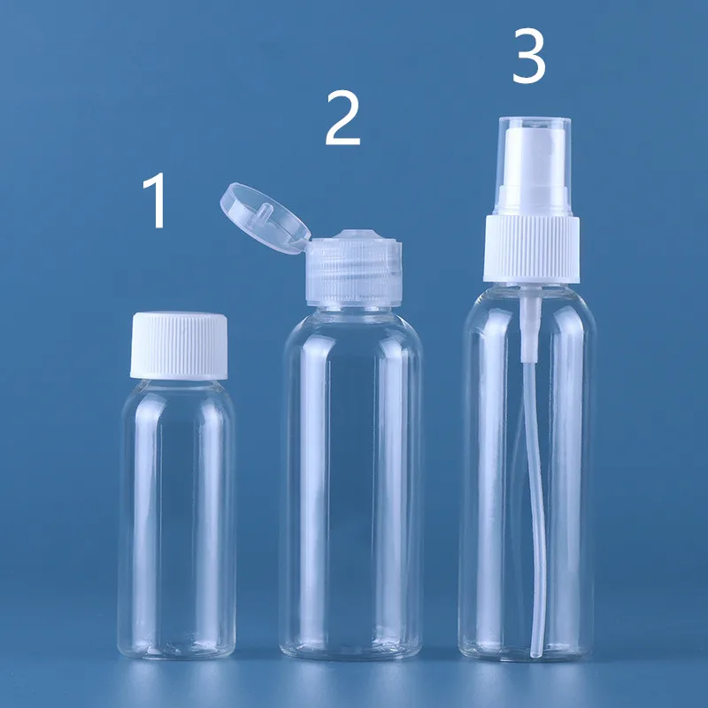 

36pcs Refillable 10ml 20ml 30ml 50ml 60ml 100ml Clear PET Plastic Portable Spray Bottle Empty Perfume Container Screw/Flip Cap