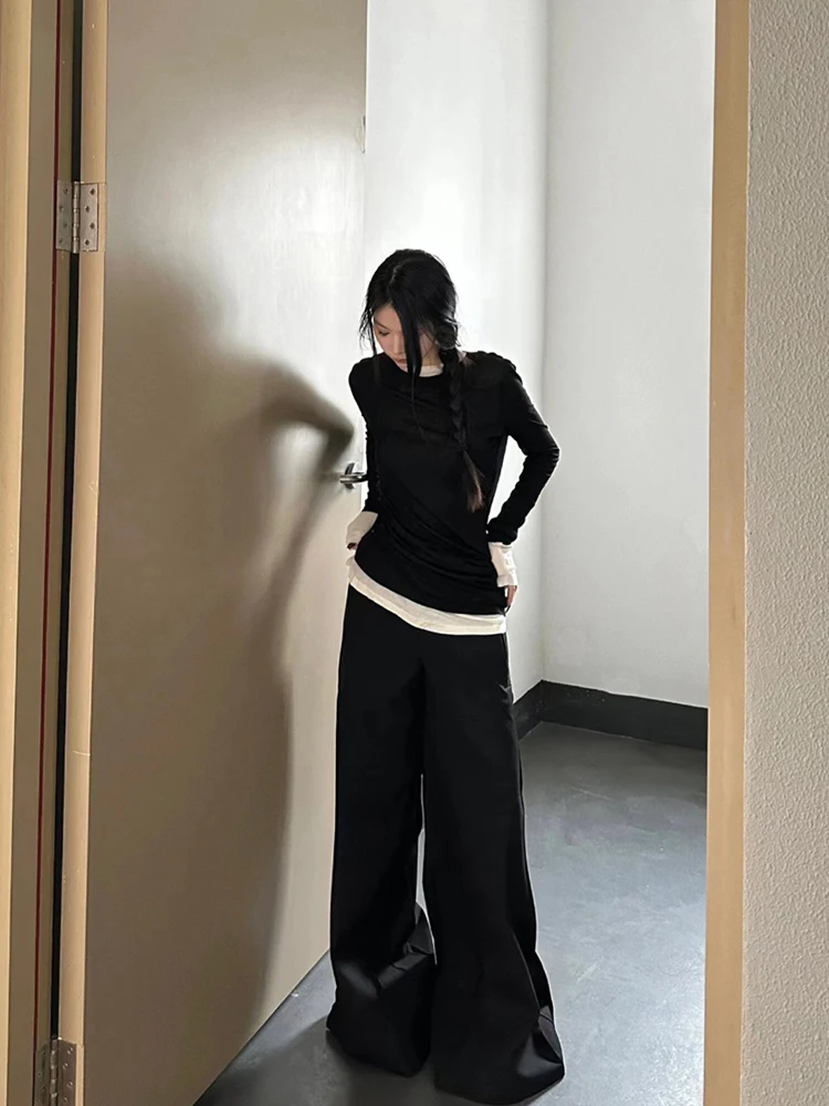 Женская рубашка с длинным рукавом черная Облегающая имитацией двух предметов