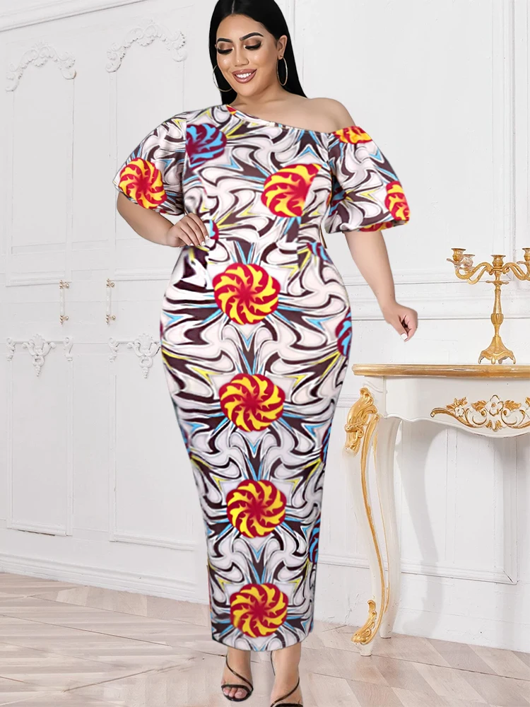 Plus Size 4XL Printed Long Dresses Bodycon one shoulder Short Puff Sleeves Robes High Waist Floral Slim Fit African Retro Outfit