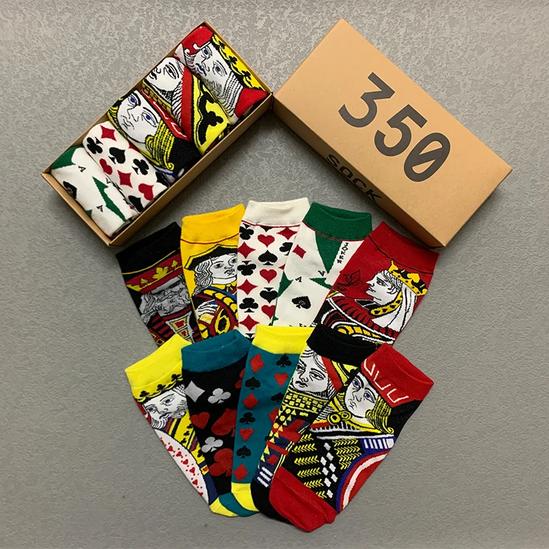 5 Pairs/Box Funny Playing cards Short Ankle Socks Cotton Harajuku King Queen Spades Soft Fashion Pack Gifts for Men Women Socks