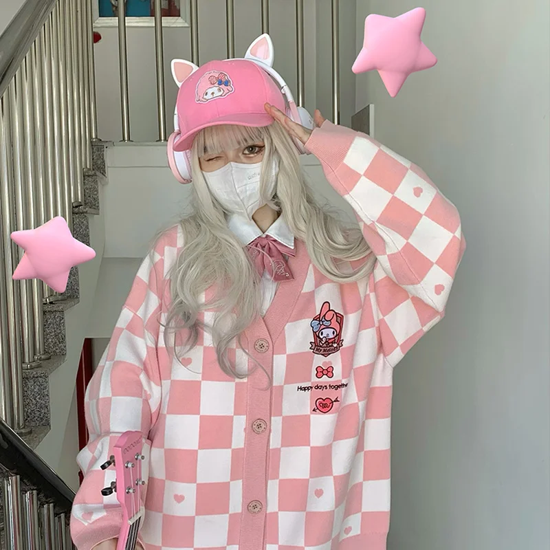 Кавайный мультяшный шахматный вязаный кардиган свитер My Melody Cinnamoroll Kuromi Purin Dog