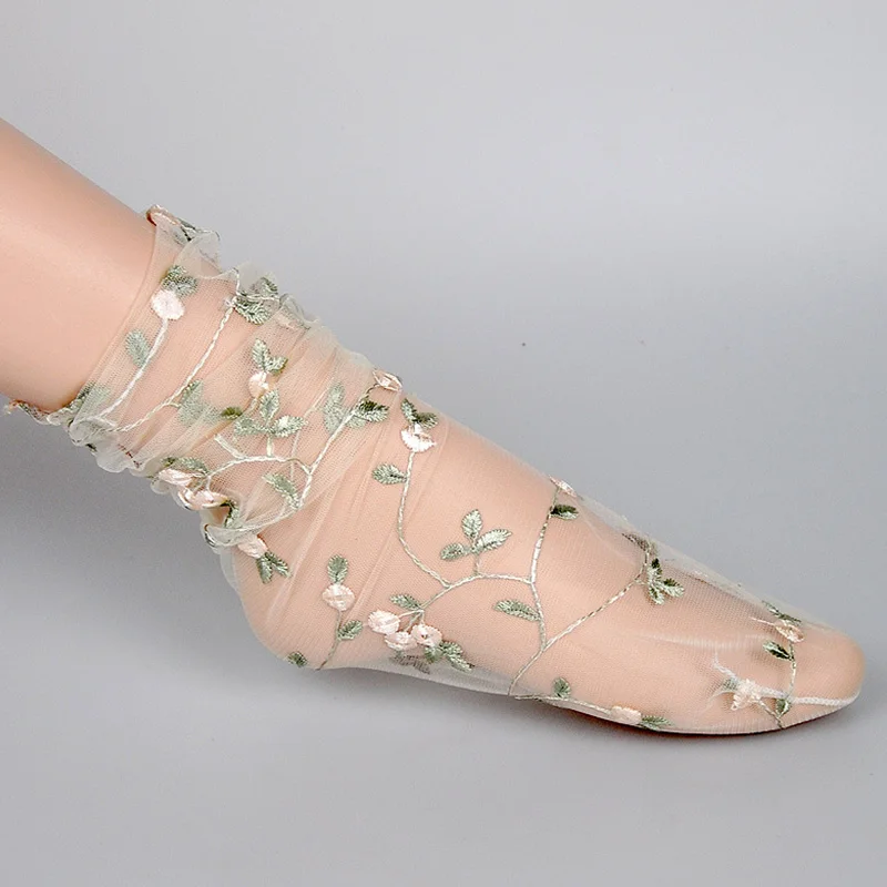 Embroidered Tulle Socks Women Summer New Floral Ultra-thin Mesh Breathable Stockings Flower Sheer Crystal Silk Stacked Socks