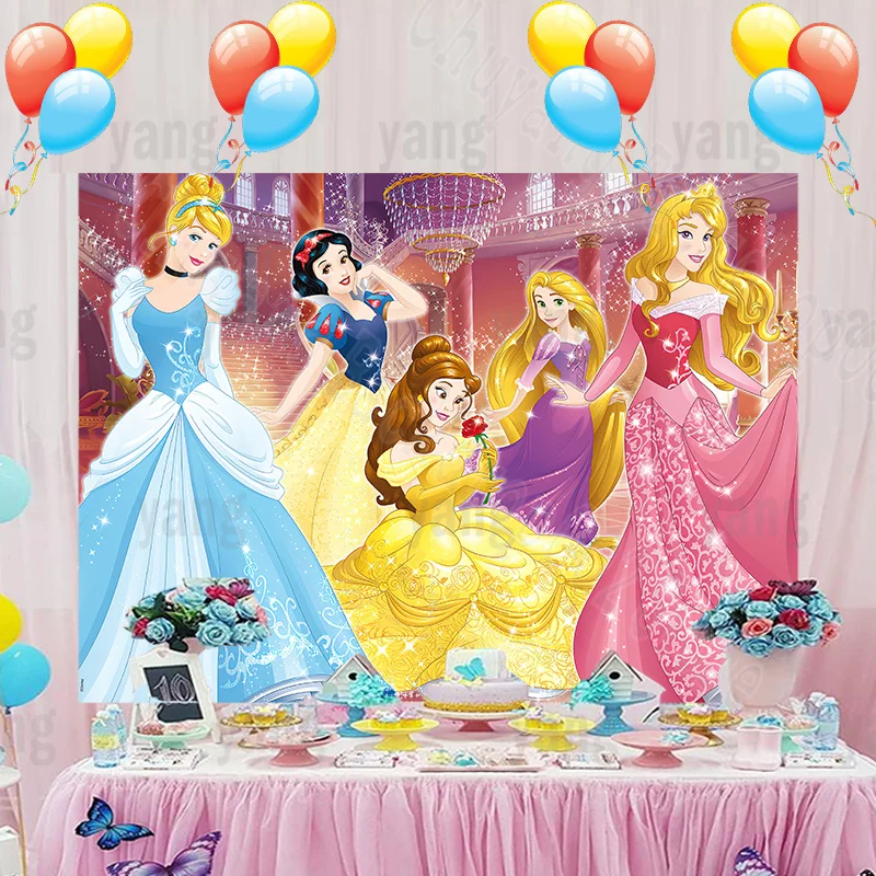 Disney Backdrop Sleeping Beauty The Little Mermai Snow White Cinderella Photography Princess Baby Birthday Party Background enlarge