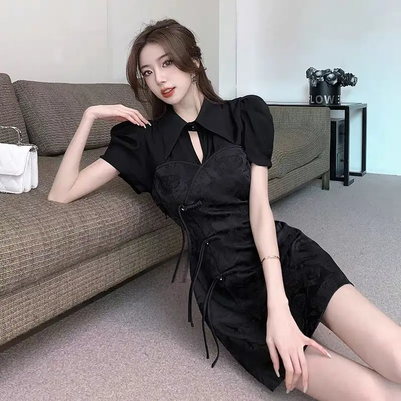 Женское жаккардовое платье-Ципао с пышными рукавами