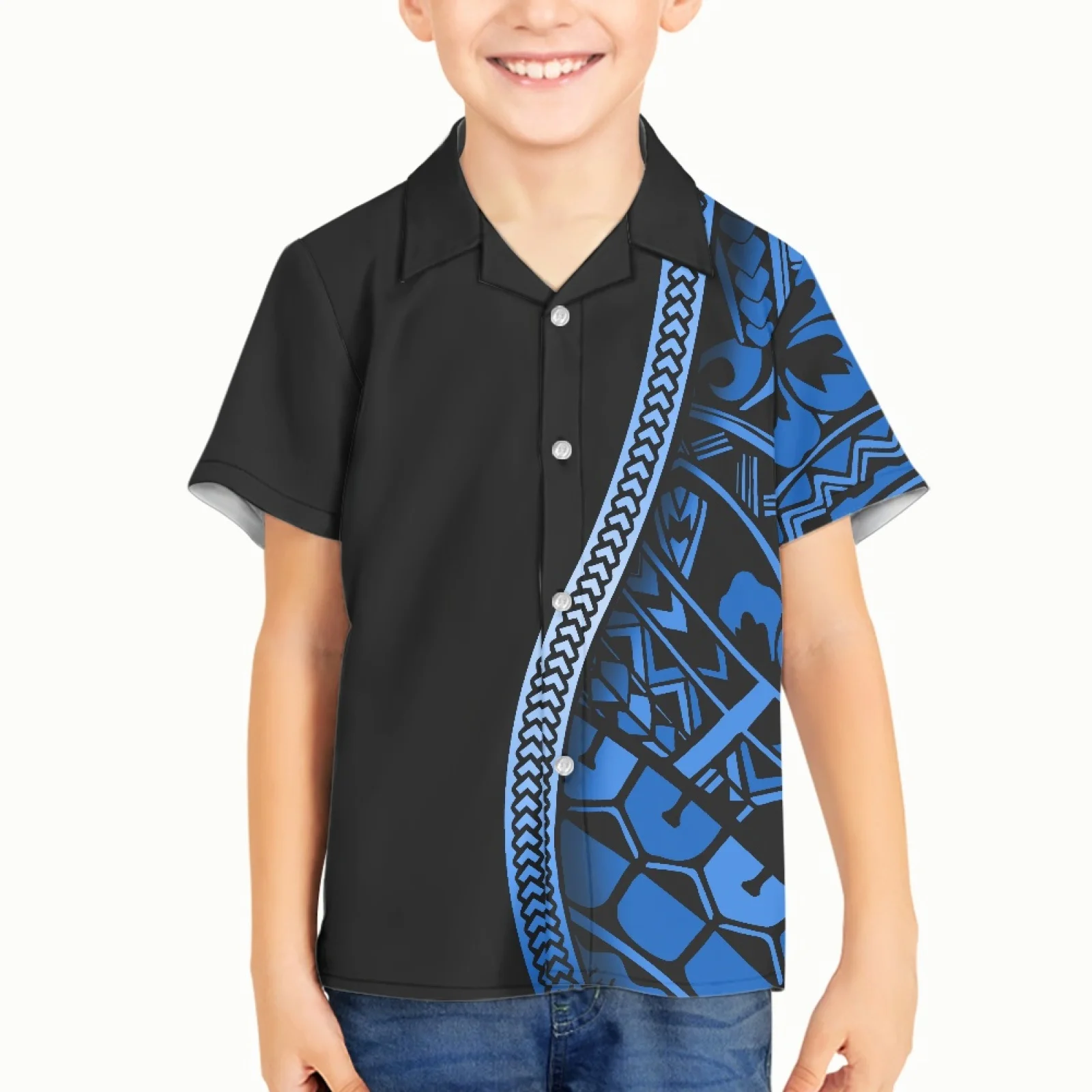 

Гавайская рубашка для мальчиков, полинезийский этнический принт понпей Тотем с татуировками, гавайская Пляжная с коротким рукавом и отворотом, лето