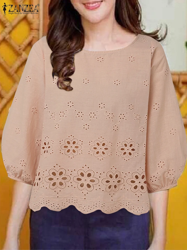 ZANZEA женские кружевные вязаные крючком футболки с круглым вырезом три четверти