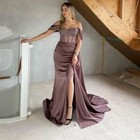 elegant sleeveless lace appliques long evening dresses high side slit satin formal night prom party gowns dress vestidos