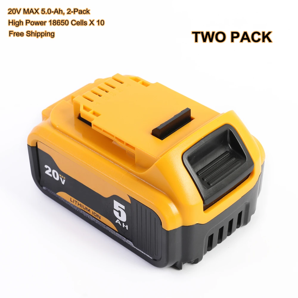 

New 2 Pack 20V Max Li-Ion Battery 5.0Ah for DCB205-2 for DeWalt 20V Max XR Cordless Tools, Free Shipping