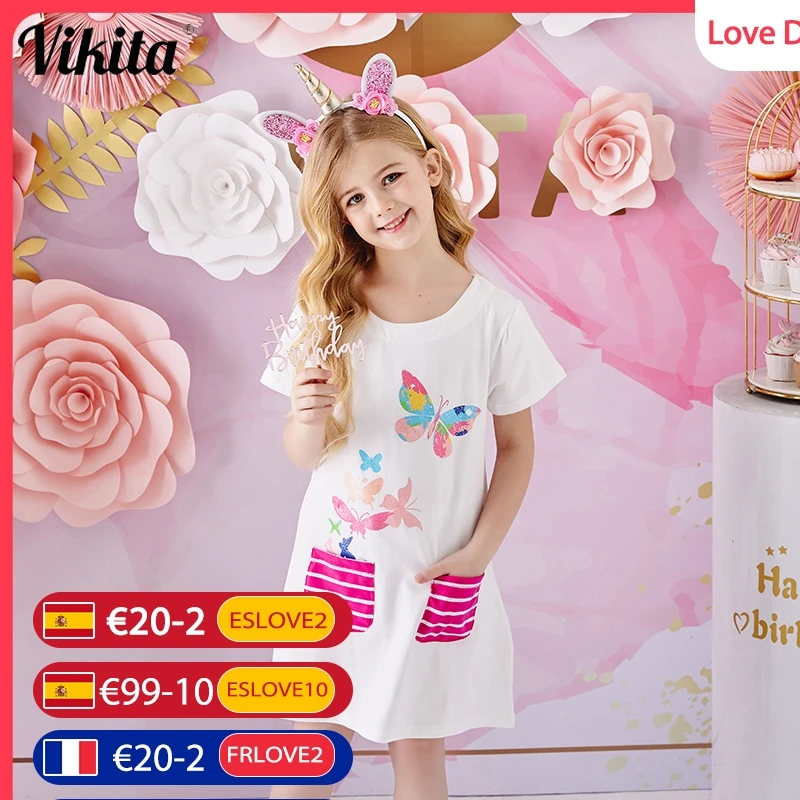 

VIKITA/Хлопковое платье для девочек; Детское летнее платье для девочек; Платья с короткими рукавами для малышей; Детские костюмы с бабочками; Д...
