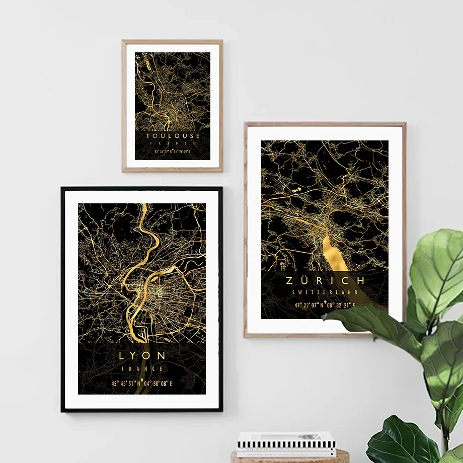 Настенная живопись на холсте черная золотая французская Карта Города Парижа