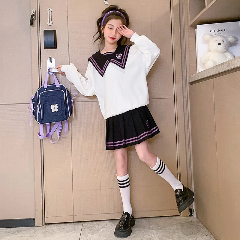 

Детское платье принцессы Sanrioes из аниме Kuromi для девочек, в студенческом стиле, свитер, топы и юбка, костюм Jk, детское платье на день рождения, 2023