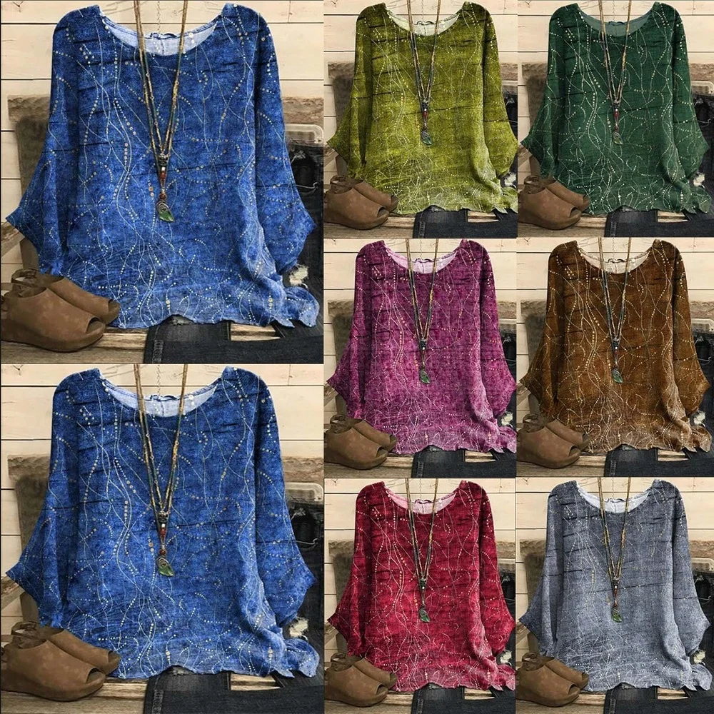 

Lugentolo Vintage Tops Women Cotton Linen Print Crew Neck Long Sleeve Plus Size Loose T Shirts for Women